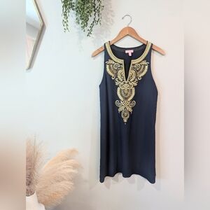 Lilly Pulitzer Navy and Gold Embroidered Women's Shift Dress Size S